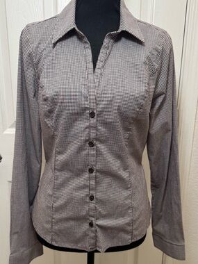 Hollister Brown and White Micro Gingham Button-Down Shirt